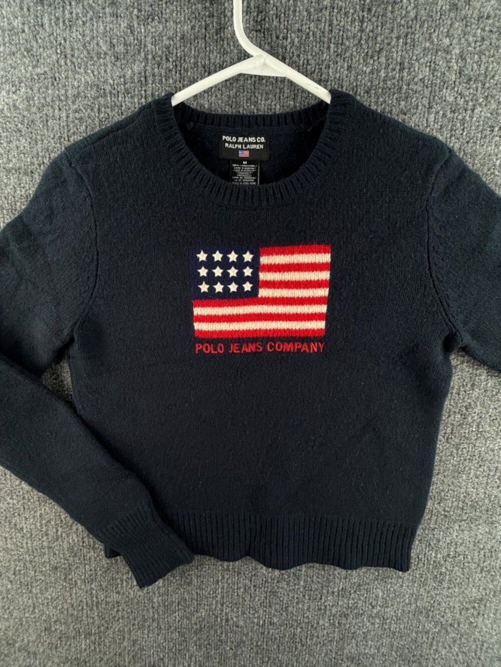 Ralph Lauren Lambswool Flag Sweater Women Navy Blue Knit Medium Pullover Crew